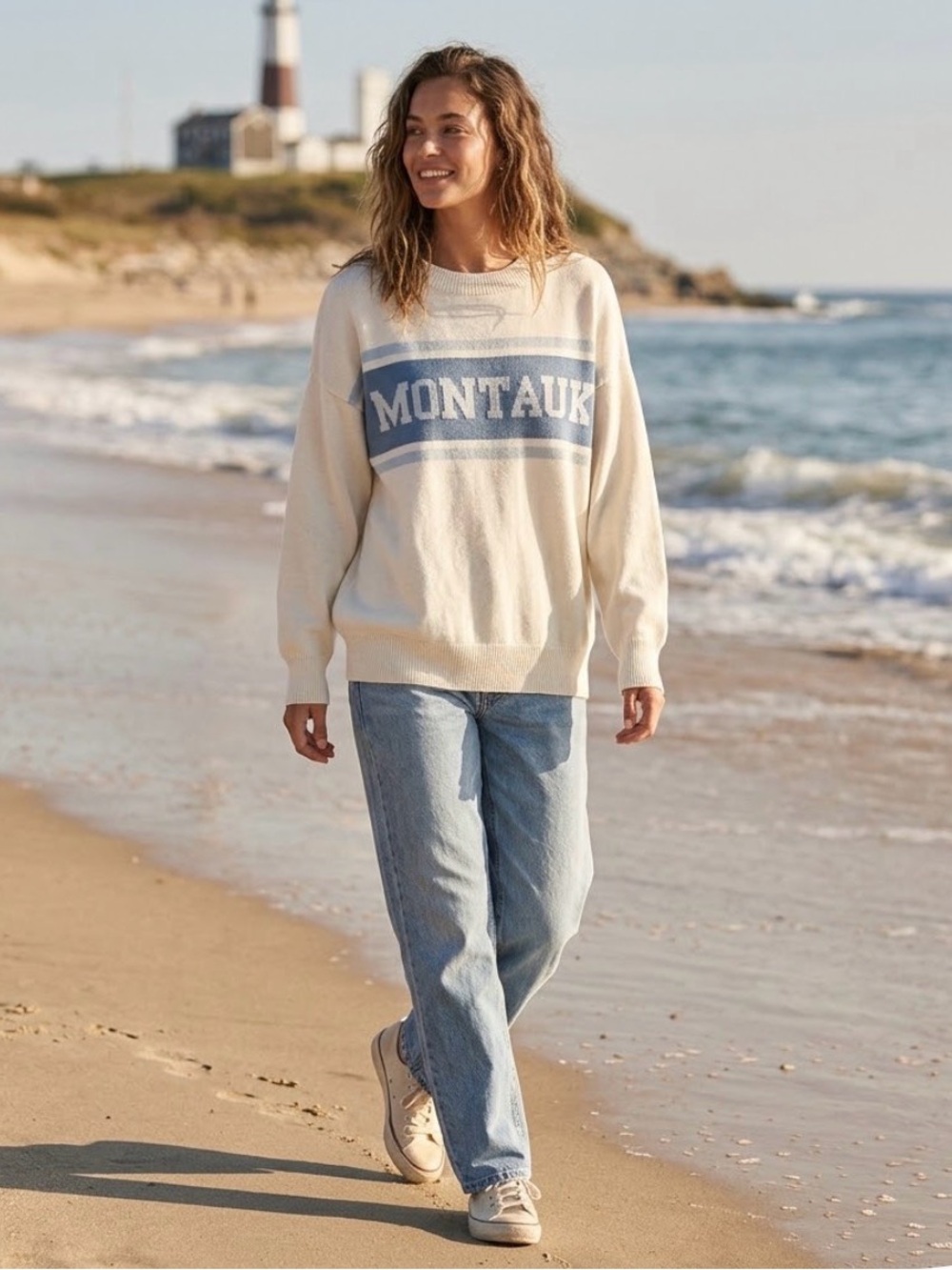 Vintage Montauk Graphic Oversized Intarsia Knit Sweater Coastal Preppy Size M